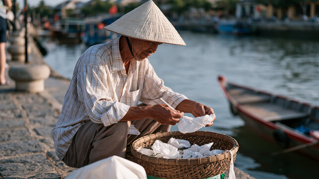Vietnamese street vendor pausing route to collect plastic straw and wrapper from canal edge, flat-bottomed boat nearby, urban waterway health, Southeast Asian river city, informal