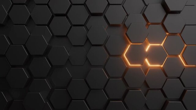 Matte black hexagonal geometry is illuminated by moving warm amber light in a dark futuristic seamless background.