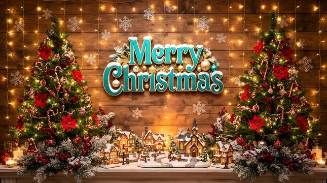 Festive christmas scene with trees village and merry christmas text on wooden background