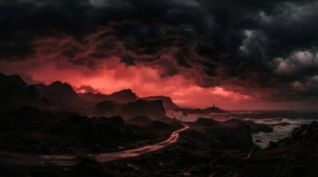 Dark clouds loom over jagged coastlines. Red glow pierces the stormy horizon. Rugged cliffs meet crashing waves below. Path winds through shadows, leading inward. Dramatic sky suggests impending doom