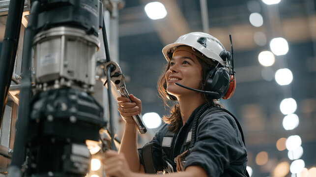 A female theatrical rigger in a hard hat stands confidently on a high catwalk grid, attaching a motorized hoist to a structural anchor point with a torque wrench, communication