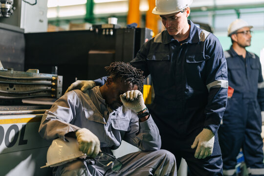 African Black Male Worker Stress Friend Support Factory Colleague Comforting Depressed at Work Place
