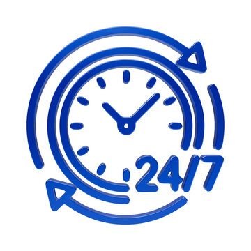 Blue 3d line of a clock with 24 7 text and circling arrows, isolated on black background, time twenty