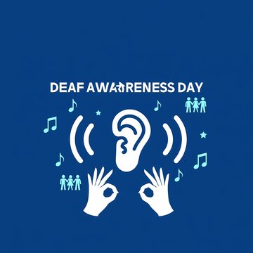 Deaf awareness day graphic with sign language hands and ear icon on blue