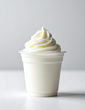 Transparent cup with smooth frozen yogurt, tasty sweet food, appetizing dessert, soft blurred white backdrop. Close-up.