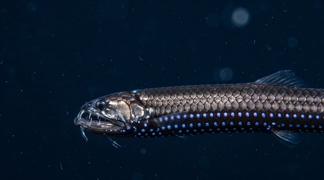 Stomias Boa Dragonfish Photophore Matrix Scale in Abyssal Ocean Waters with Glowing Sapphire Ventral Organs for Marine Ichthyology Science Editorial Banner Backdrop with Blank Dark Copy Space Margin