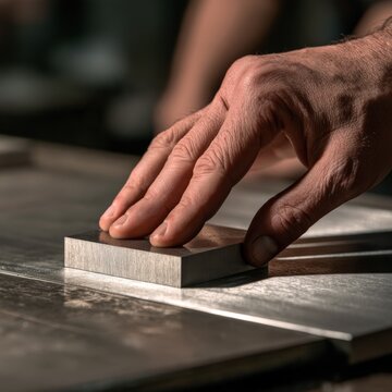 Machinist hand placing precision ground steel gauge block on metal surface