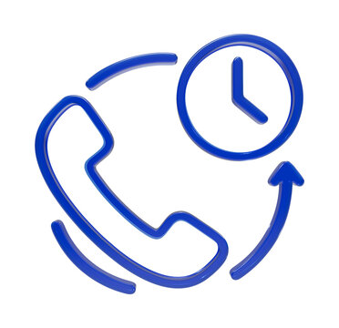 Blue 3d telephone handset with clock and time arrows indicating schedule on black background, 3d blue telephone handset