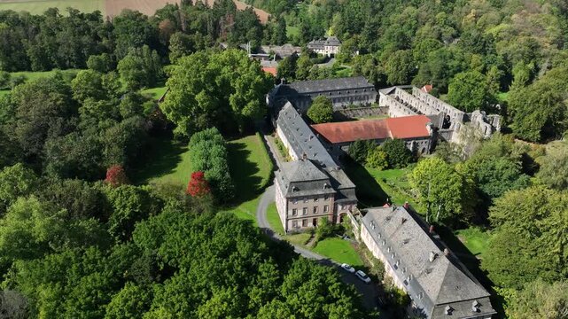 Aerial view, Arnsburg Abbey near Lich, Arnsburg, Hesse, Germany