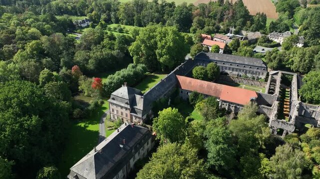 Aerial view, Arnsburg Abbey near Lich, Arnsburg, Hesse, Germany