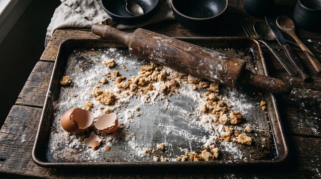 Scratched metal baking sheet with scattered flour and wooden rolling pin. Authentic messy baking background.