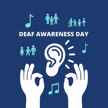 Deaf awareness day graphic with ear symbol, hands signing, and music note