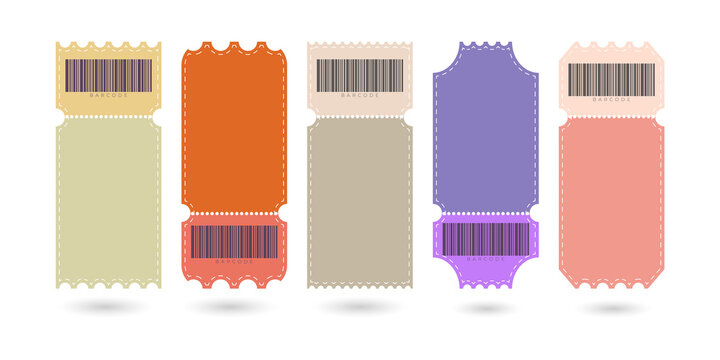 Five colorful blank admission tickets isolated on a transparent background