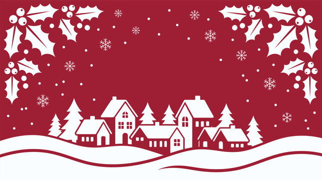 A festive winter scene featuring a charming christmas background vector with snowy houses and holly leaves on red