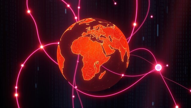 Glowing earth surrounded by pink lines, digital code background. Represents global network connections, data streams. Futuristic concept.