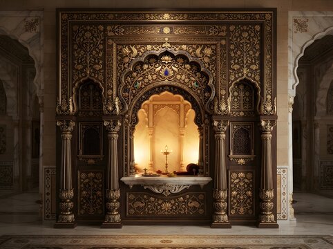 Intricate golden archway with ornate carvings and a lit candle inside a palace