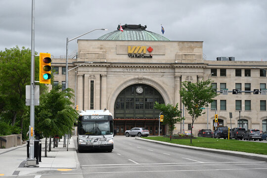 Winnipeg, Manitoba, Canada - July 2, 2026: The main entrance to Union Station in Winnipeg, Manitoba.