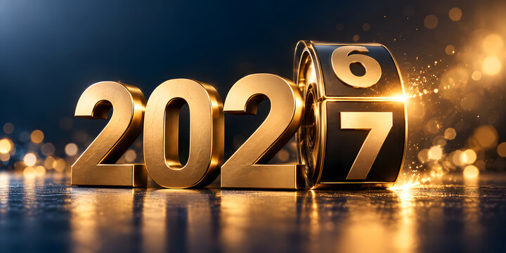 Photorealistic golden 2026 transforming into 2027 with a mechanical flip mechanism, dramatic lighting and elegant studio setting, symbolizing New Year transition and new beginnings.