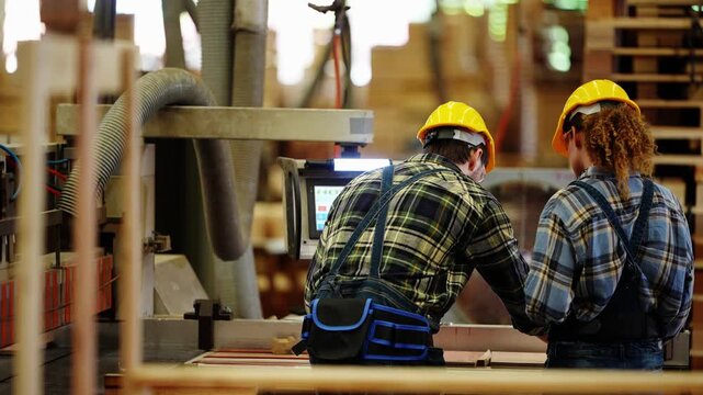 Framed between timber posts, two carpenters seen from behind set up a CNC panel saw and push a board along the table, 4K footage inside a timber and plywood factory