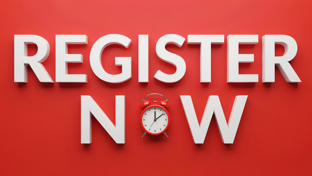 Large text urging immediate registration with alarm clock accent