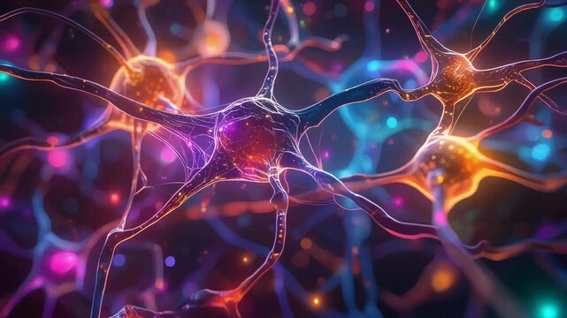 Glowing neurons with bright electric impulses flashing through a complex nerve network on a dark background, showing neural activity, brain signals, neuroscience and artificial intelligence
