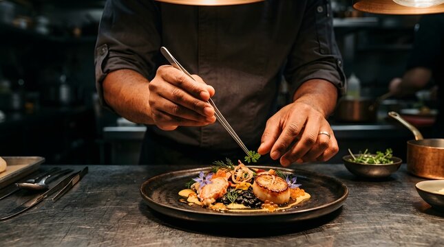 A chef is preparing a dish of food showing chef plating seafood dish