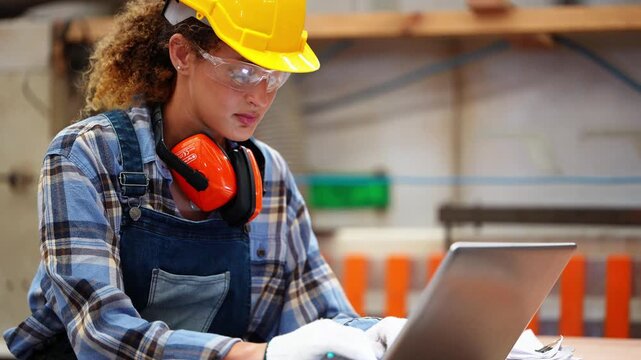Close-up of a young female engineer in a yellow hard hat and safety glasses typing production data on a laptop at her workstation in a wood factory, timber industry