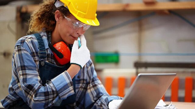 Female engineer in a yellow hard hat checks figures on her laptop, then turns her head to look across the plywood workshop floor, inside a plywood and timber factory