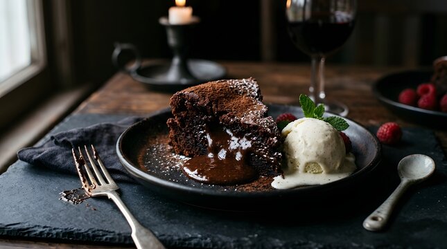 A plate of chocolate cake with ice cream and ras showing chocolate lava cake with ice