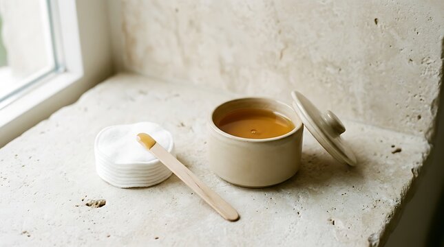 Waxing sugar paste in ceramic jar with applicator on stone surface