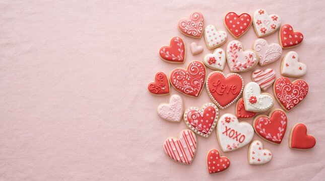 A collection of assorted heart shaped cookies with red and white icing arranged on a soft pink background for a romantic valentines day celebration theme