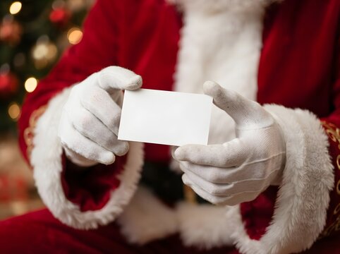 Santa Claus holding a blank business card with a festive christmas tree background