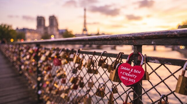 A romantic view of the iconic love locks attached to a bridge railing in paris with the eiffel tower visible in the soft golden sunset