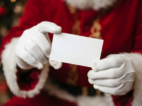 Santa Claus holding a blank white card for a message or promotion during Christmas