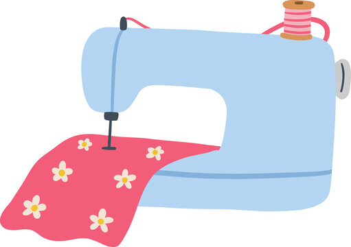 Cute hand drawn doodle illustration of blue sewing machine with pink floral fabric