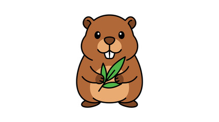 Fototapeta premium Cute Cartoon Beaver Holding Bamboo Leaf Vector Illustration