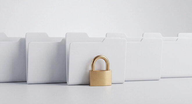 Gold padlock illustration in front of white file folders for secure document storage