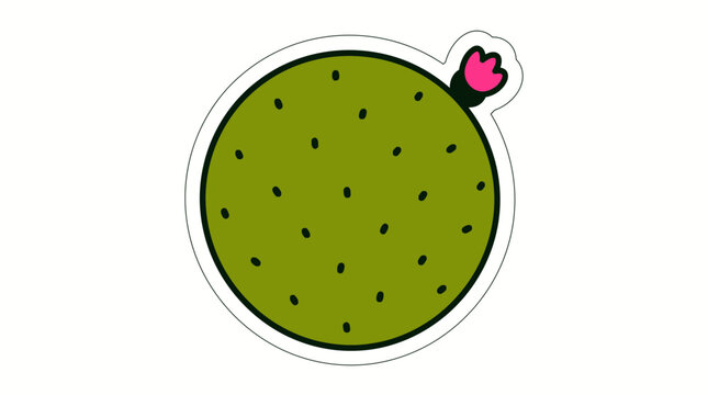 Cute cartoon cactus pad with pink flower vector sticker illustration