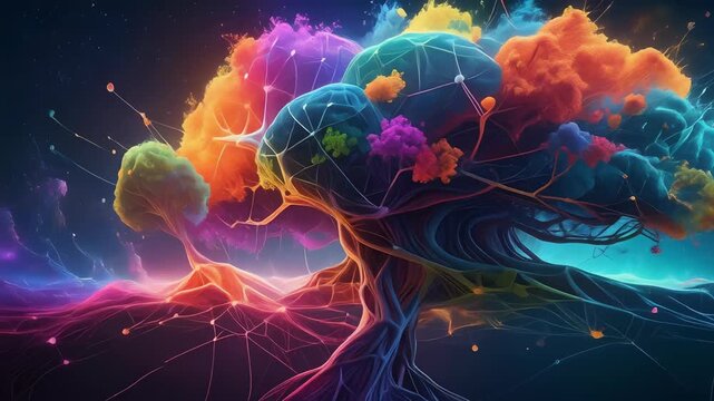colorful digital tree growing through glowing neural network nodes, concept of artificial intelligence, knowledge and technology