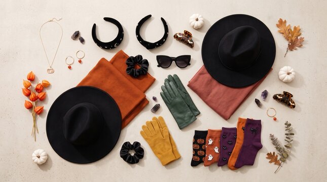 A stylish Halloween fashion flat lay arrangement featuring trendy accessories, black hats, scarves, gloves, socks, jewelry, and autumn pumpkins on a light background.   