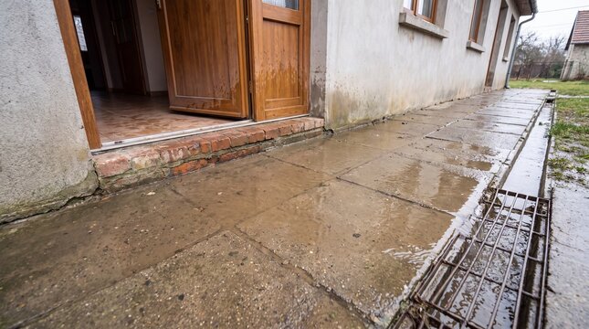 Rainwater pooling on stone walkway by open wooden house entrance door