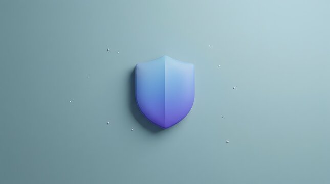 Abstract 3D render of a blue and purple gradient shield emblem symbolizing protection security and safety set against a soft textured pastel background with subtle light