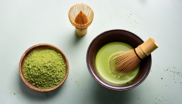 top view of a table with a ceramic bowl with macha being stirred and next to it some matcha powder in a wooden spoon