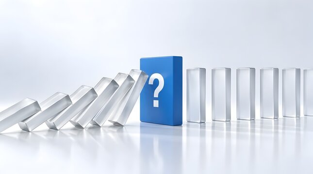 Domino effect interrupted by a blue block with a question mark symbolizing uncertainty a problem or a critical decision point.
