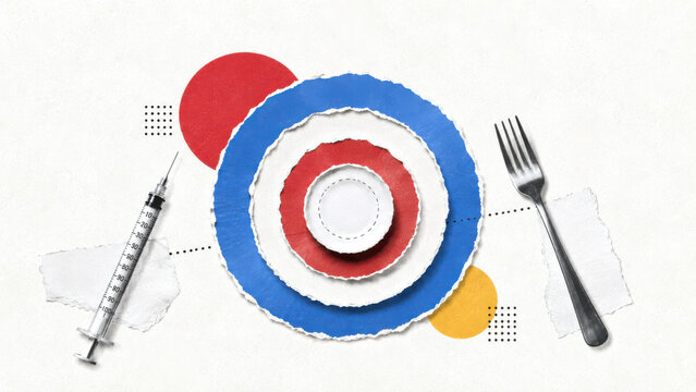 Syringe and fork either side of shrinking concentric torn paper plates. Portion control, appetite suppression and weight loss injections