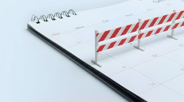 Construction barrier blocking dates on a calendar page symbolizing project delays scheduling issues or important deadlines being postponed or inaccessible.
