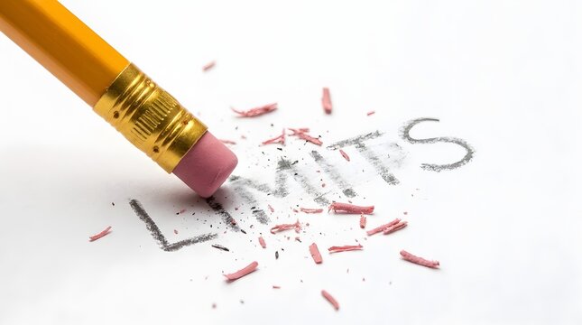 Pencil eraser removing the word LIMITS from white paper symbolizing breaking boundaries and overcoming restrictions with creative freedom.