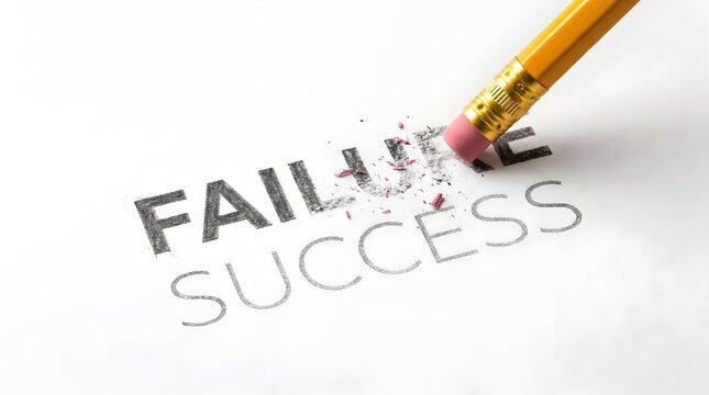 Pencil eraser removing the word failure from a white paper revealing the word success underneath concept of overcoming obstacles and achieving goals
