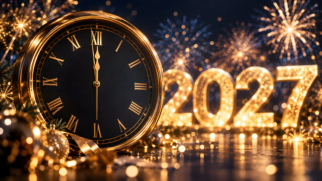 Elegant New Year 2027 countdown scene with a vintage gold clock at midnight, glowing 2027 numbers, fireworks and festive bokeh in a luxurious dark setting.