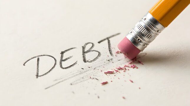 Pencil eraser erasing the word DEBT written on paper symbolizing debt relief financial freedom and overcoming financial burdens